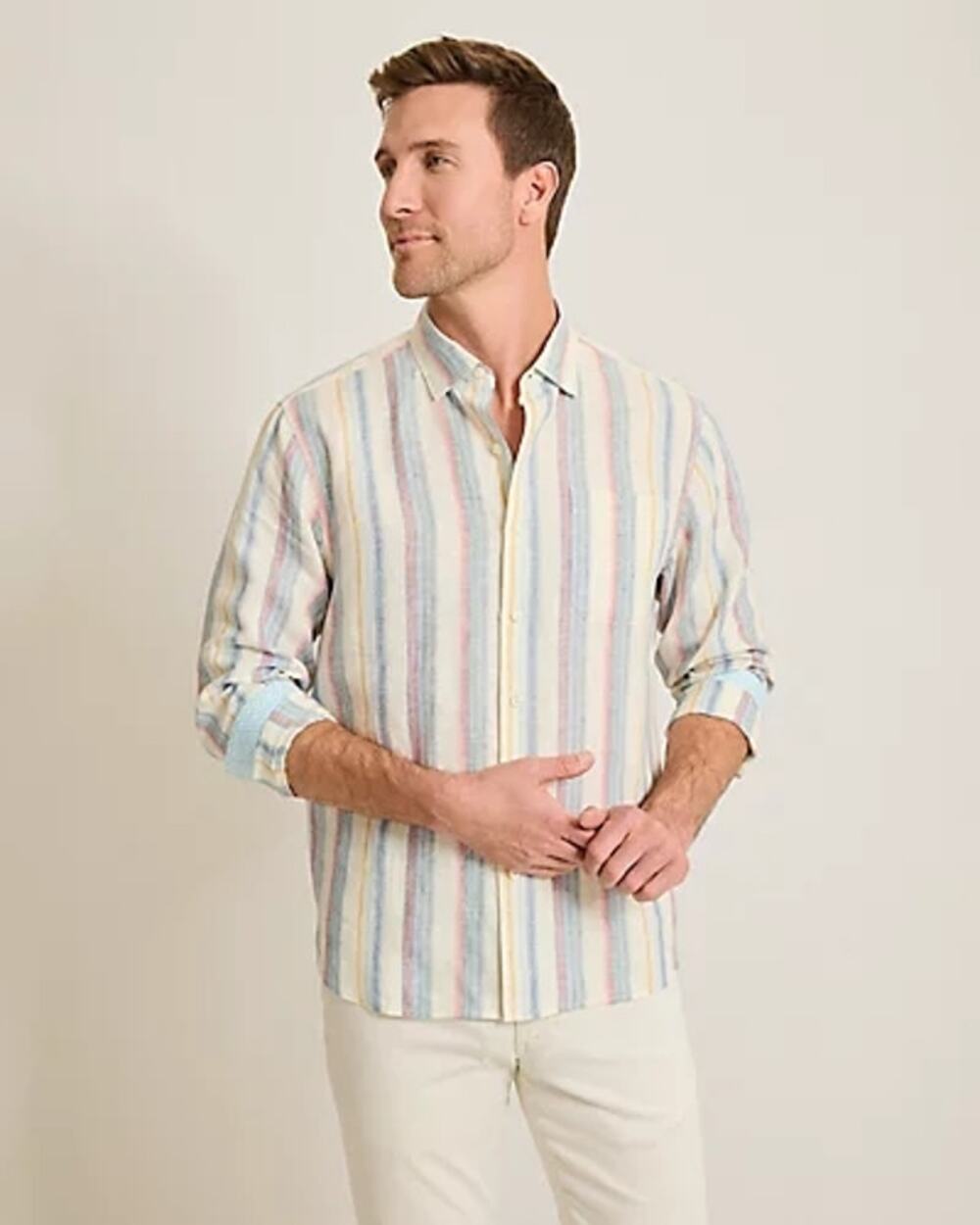 Tommy Bahama Shirt Las Mantas Stripe Linen Coastal Vacation Resort Cream Size L
